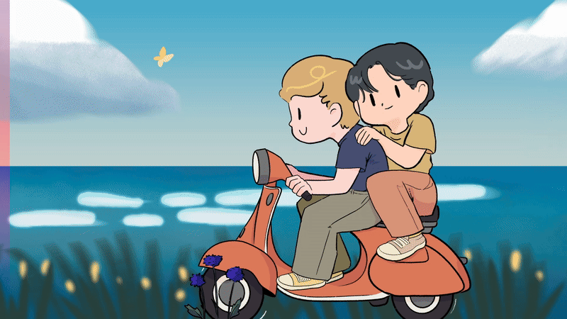 Two friends on a vespa driving by the coast