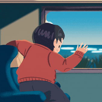 Friend 1 traveling by train and enjoying the seaside