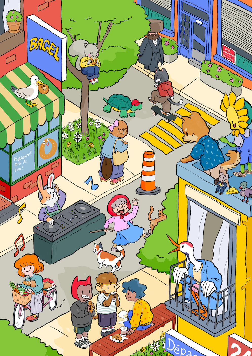 Fun characters enjoying summer in the buzzing neighbourhood of the Mile End