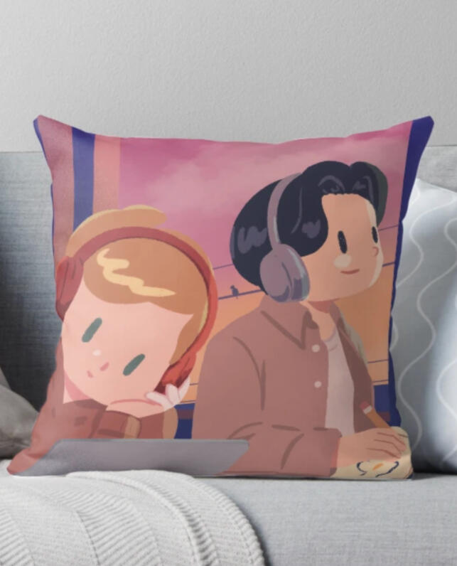 Pillow with two boys listening to music in front of a sunset sky